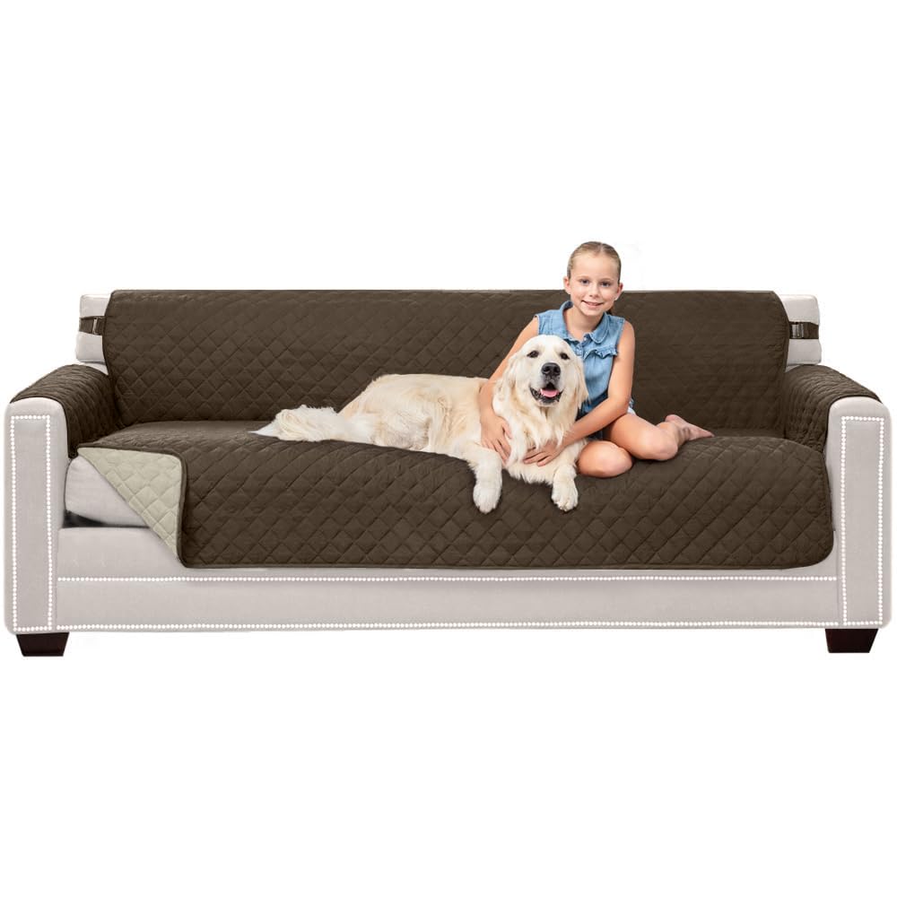 Sofa Shield Couch Slip Cover With Patented Strap, Cushion Protector, Reversible Stain And Dog Tear Resistant Slipcover, Quilted Microfiber 78” Seat, Washable Covers For Dogs Pets Kids, Chocolate Beige