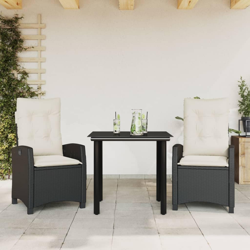 vidaXL 3 Piece Patio Dining Set - Black Poly Rattan, Cushions, Adjustable Back, Tempered Glass Table for Garden/Patio/Backyard