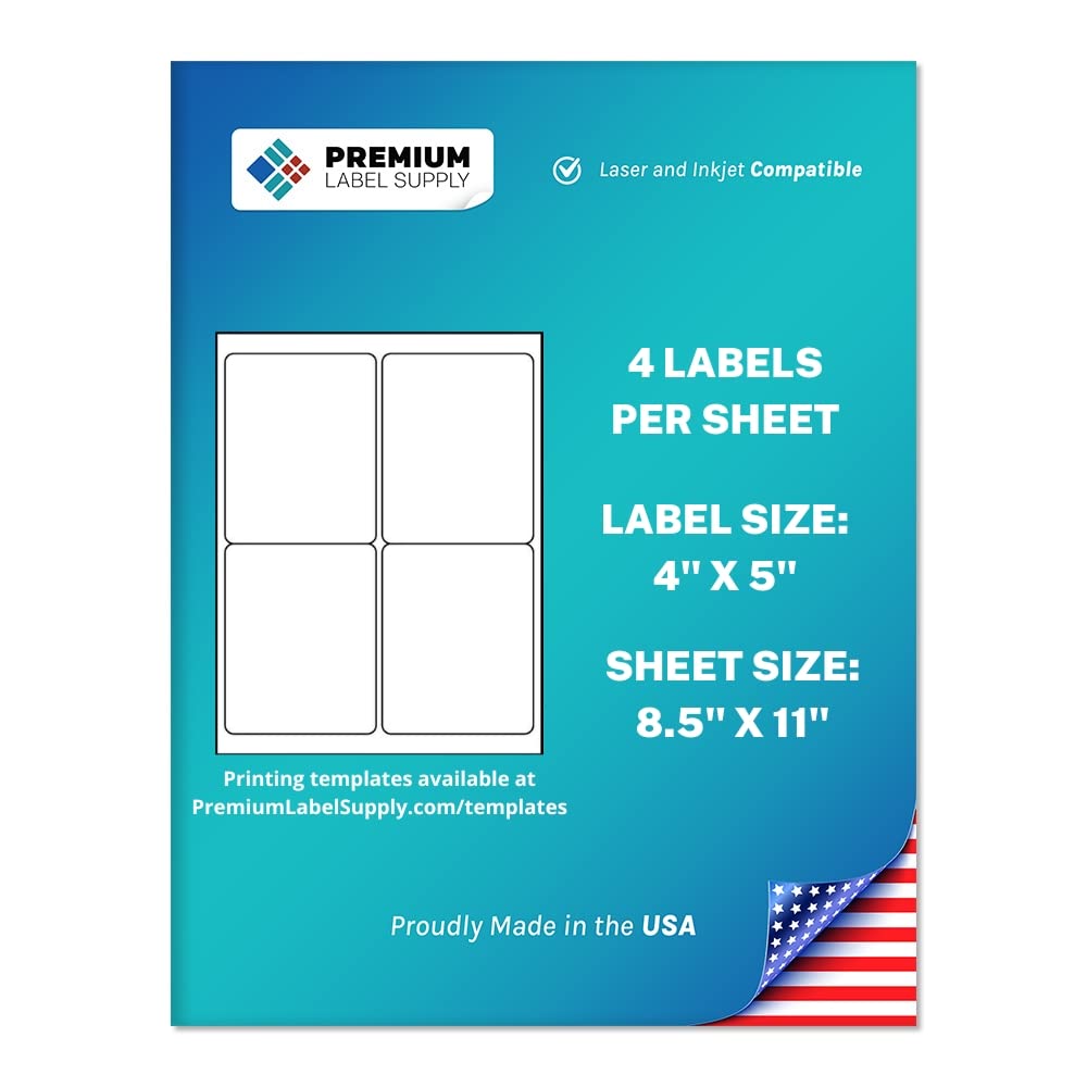 Premium Label Supply White Sticker Shipping Labels - 4' X 5' - Laser/Inkjet Compatible - (4 Labels/Sheet), 100 Sheets - 400 To