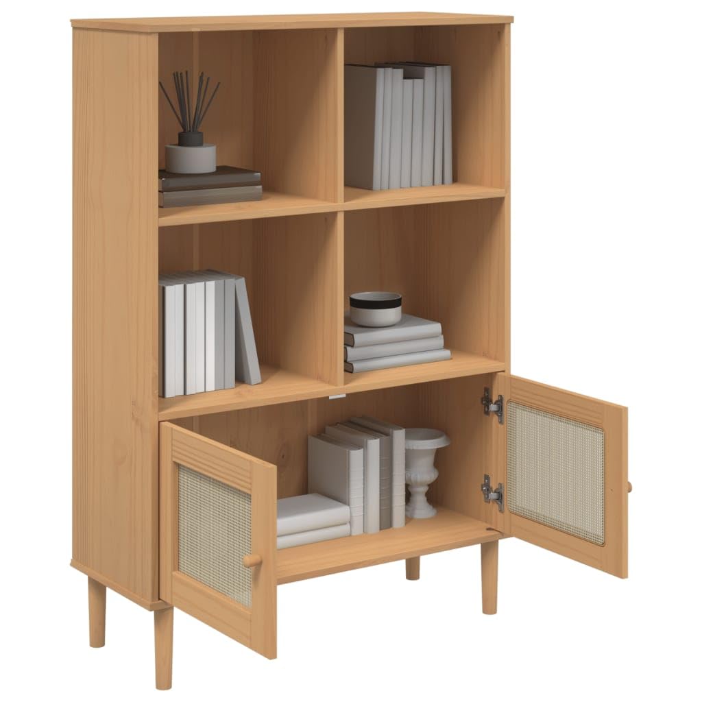vidaXL SENJA Bookcase - Brown, Free-Standing, Rattan Look Doors, Solid Pine Wood with UV Varnish, 35.4&quot;x13.8&quot;x51.2&quot;, Wooden Handles