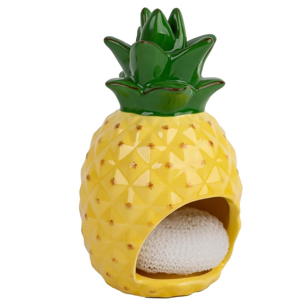Palais Essentials Farmhouse Decor Kitchen Sink Scrubby Holder Ceramic  with Nylon Dish Scrubber (Pineapple)