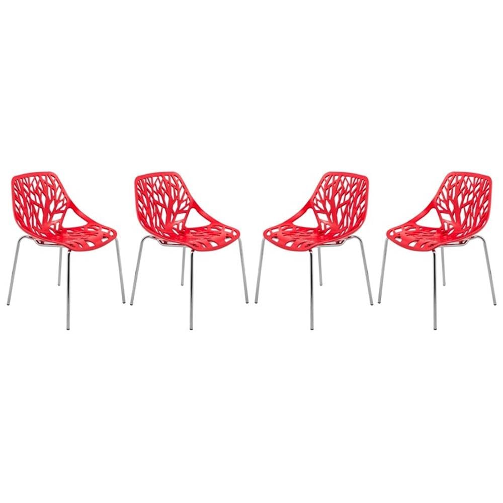 LeisureMod Forest Modern Side Dining Chair with Chromed Legs, Set of 4 (Red)