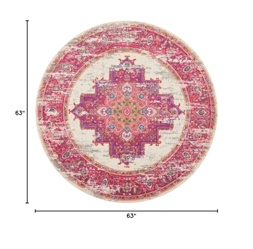 HomeRoots Ivory/Fuchsia 100% Polypropylene 5’ Round Ivory and Fuchsia Distressed Area Rug