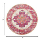 HomeRoots Ivory/Fuchsia 100% Polypropylene 5’ Round Ivory and Fuchsia Distressed Area Rug