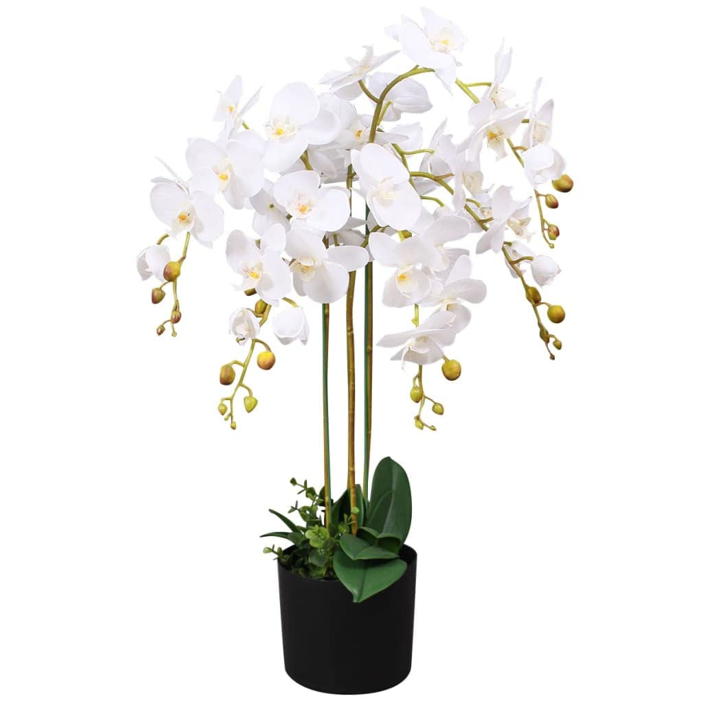 vidaXL Artificial Orchid Plant with Pot - Lifelike White Flower Decoration in 29.5&quot; Height - Maintenance-Free Home/Office Interior Decor with 43 Flowers, 9 Leaves - Made of Durable Quality Materials