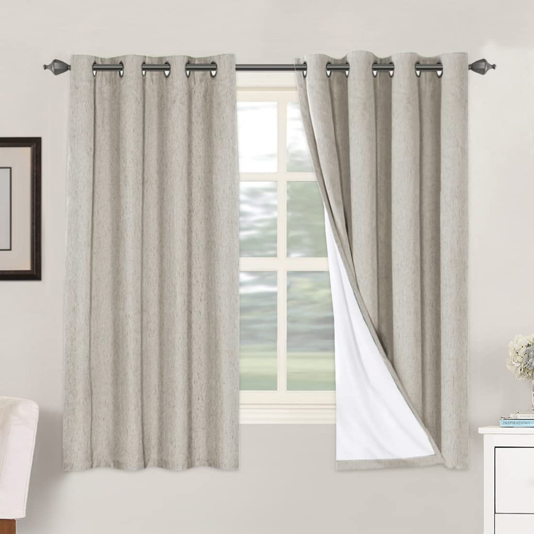H.VERSAILTEX Linen Blackout Curtains 63 Inches Long 100% Absolutely Blackout Thermal Insulated Textured Linen Look Curtain Drape