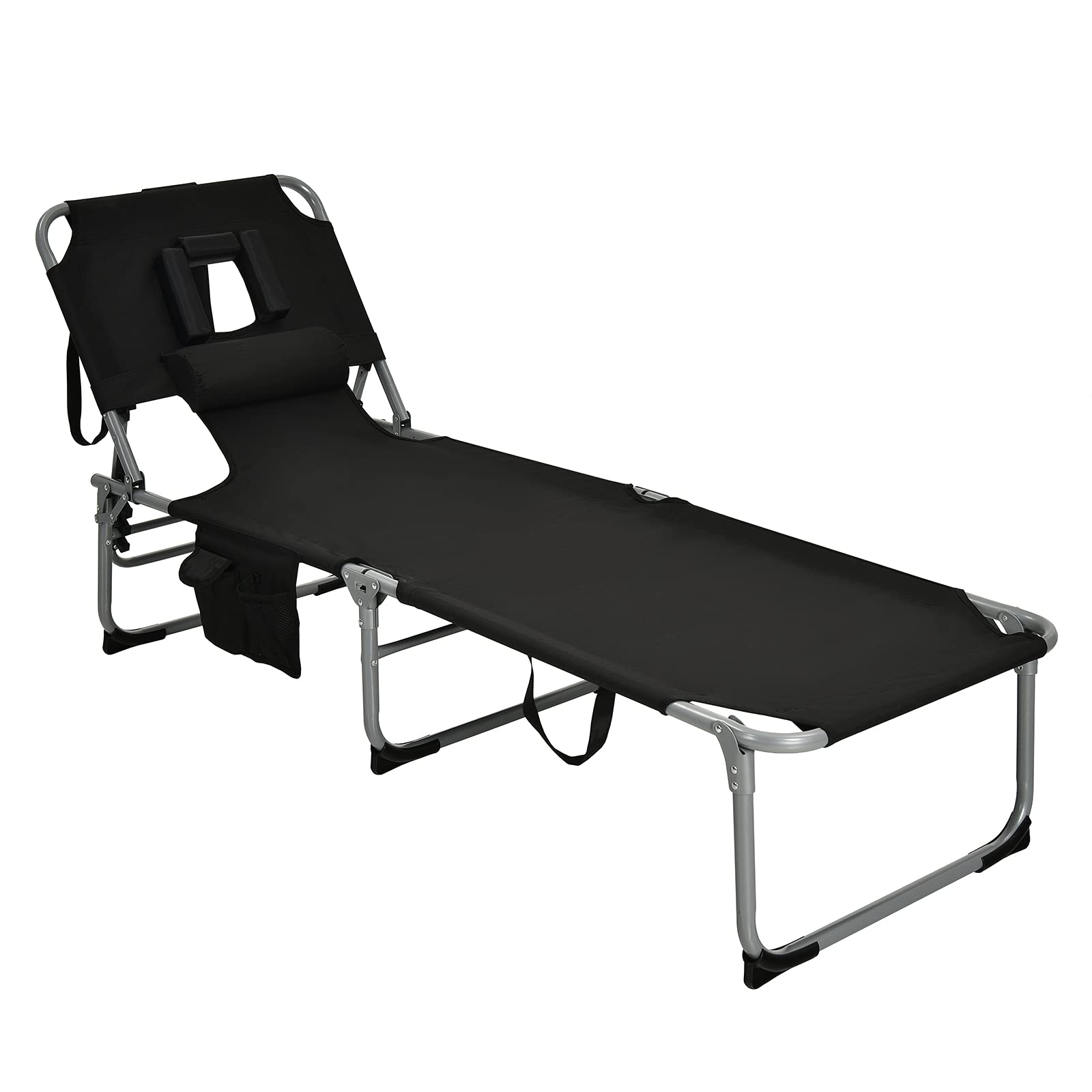 Gymax Tanning Chair, Folding Beach Lounger With Face Arm Hole, Adjustable Backrest, Side Pocket, Pillow & Carry Handle, Outside Sunbathing Lounge Chair For Patio, Poolside, Lawn (1, Black)