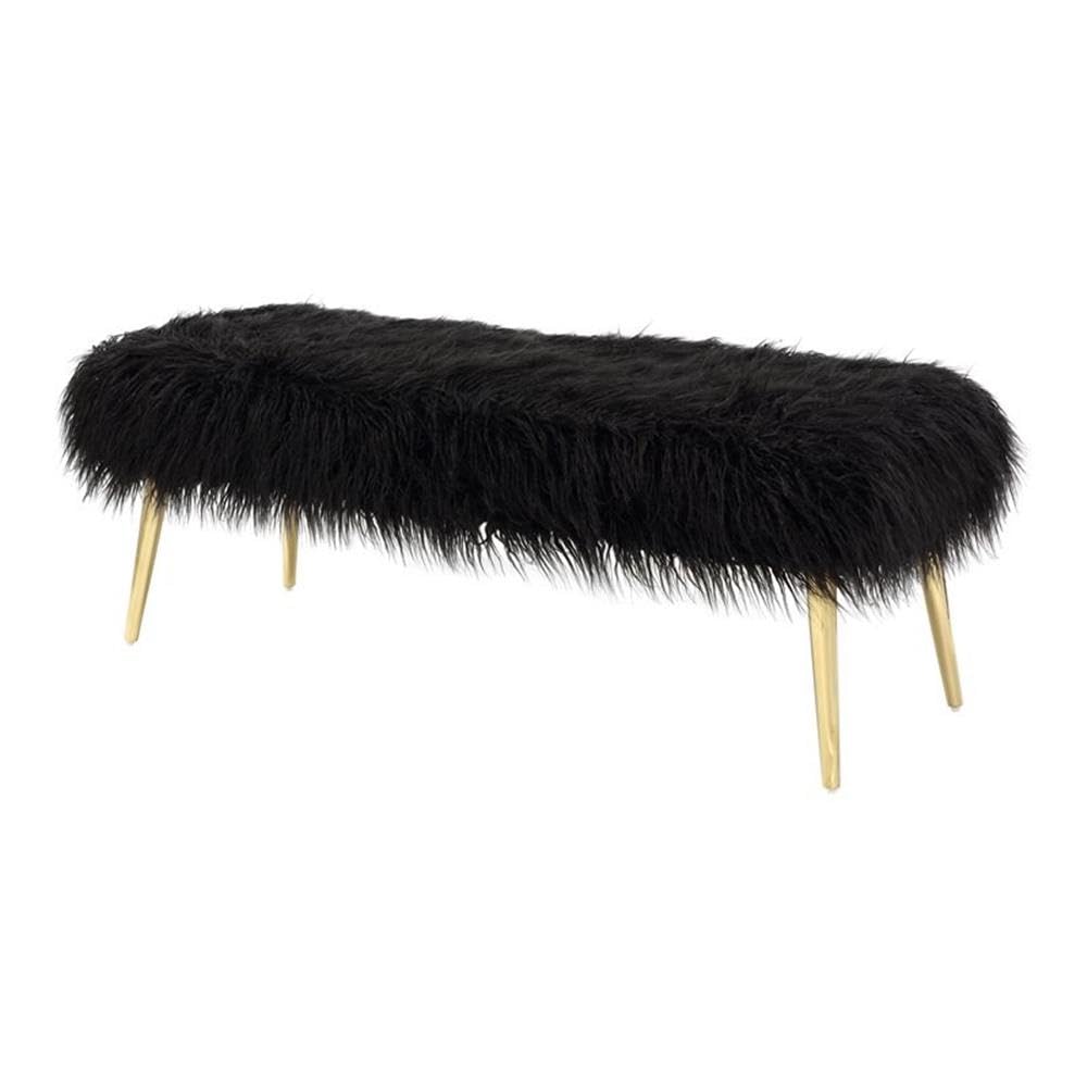 Pangea Home Lammy 17&quot; Modern Metal & Faux Fur Bench In Black/Gold