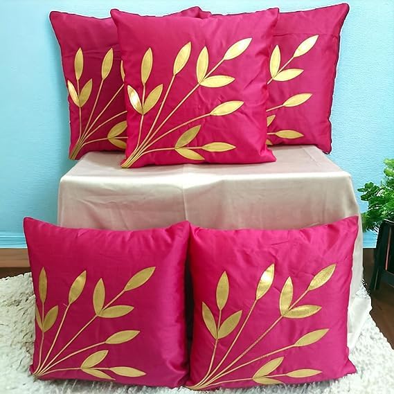 Msenterprises Leaf Design Decorative Cushion Covers Set Of 5 With Zipper | Bedroom & Living Room Pillow Covers | 16X16 Inch | Pi