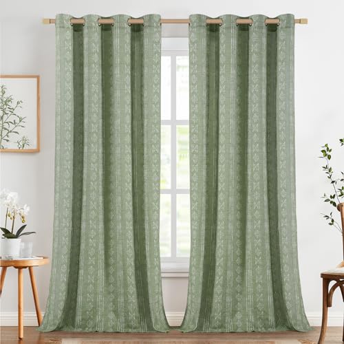 Jinchan Boho Curtains Linen Blend Curtains For Living Room Farmhouse Sage Green Curtains 90 Inches Long For Bedroom Semi Sheer Striped Printed Light Filtering Grommet Curtains 2 Panels Set