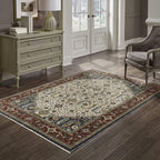 HomeRoots 508035 6 x 9 ft. Ivory Beige Red Blue Gold Green & Navy Oriental Power Loom Stain Resistant Rectangle Area Rug with Fringe