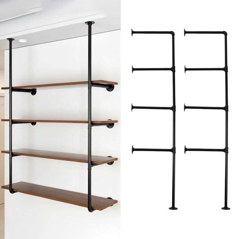 HBLYJS Industrial Pipe Shelving System with 4 Tiers, Black Iron Wall Mount, Floor to Ceiling Storage Rack, Rustic Farmhouse Styl