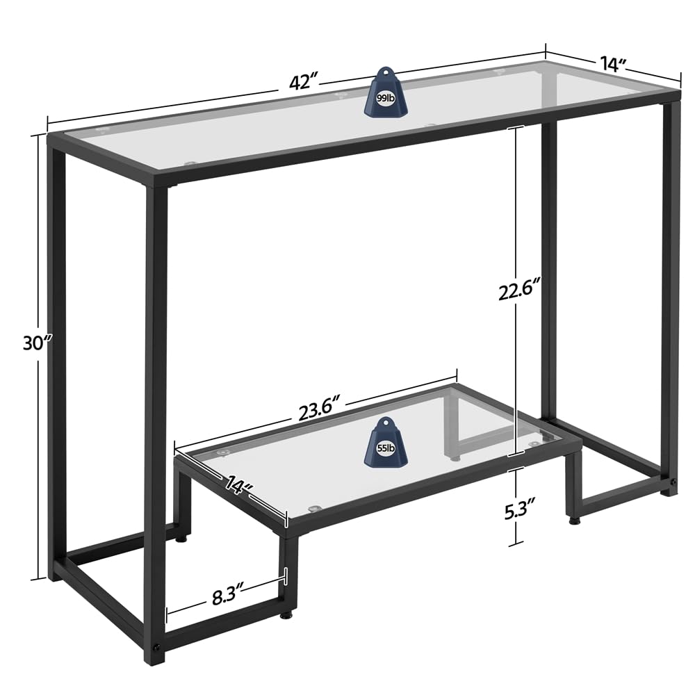 Yaheetech 42 Inch Console Table, Tempered Glass Entryway Table, 2-Tier Sofa Table With Storage Shelves, Entrance Table For Hallway Living Room, Black