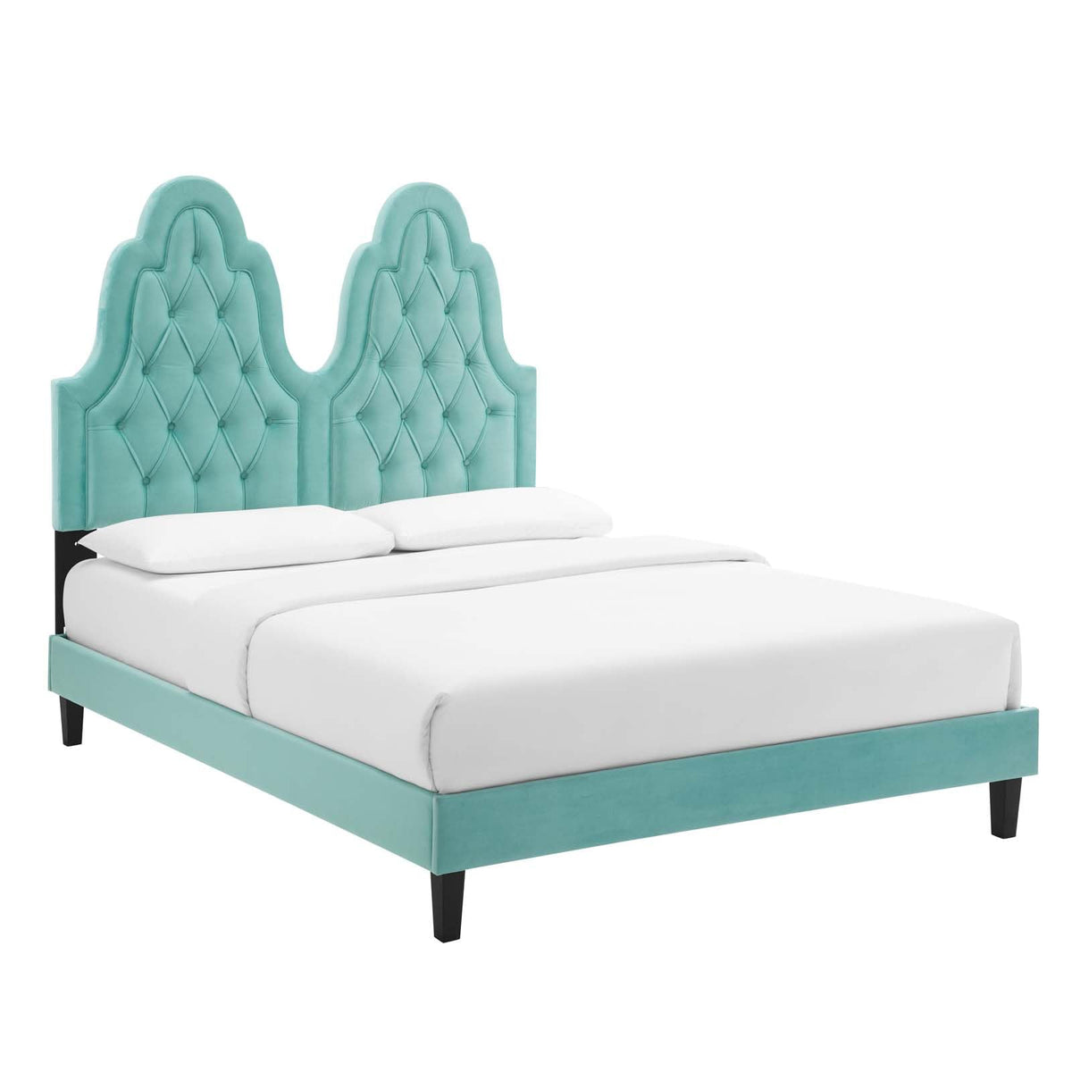 Modway Alexandria Tufted Performance Velvet Platform Bed with Black Wood Legs, Full, Mint