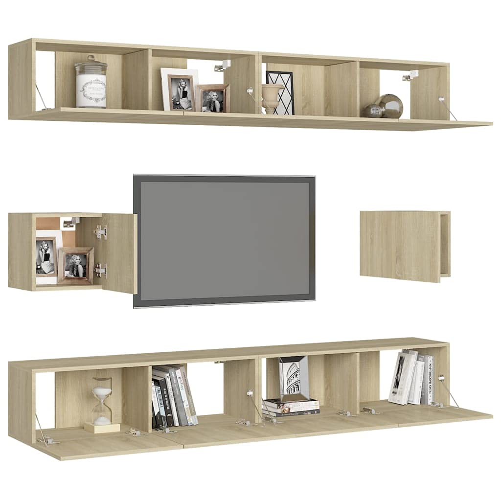 vidaXL TV Cabinet Set 6 Piece Home Indoor Hanging Wall-Mounted Stereo Plasma HiFi Cabinet TV Stand Unit Furniture Sonoma Oak Engineered Wood