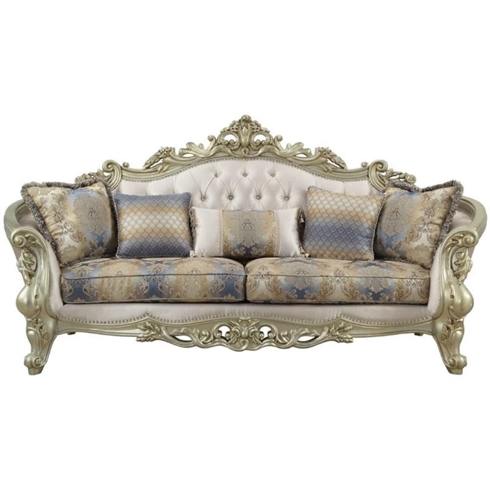Acme Gorsedd Sofa with 5 Pillows in Cream Fabric and Golden Ivory