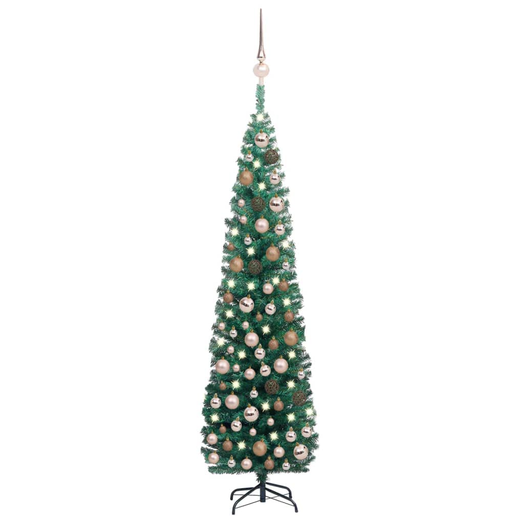 Vidaxl Green Slim Artificial Christmas Tree With Leds & Rose Gold Balls, Compact & Reusable, Lifelike Pvc Material, Includes Stand & Decorative Balls