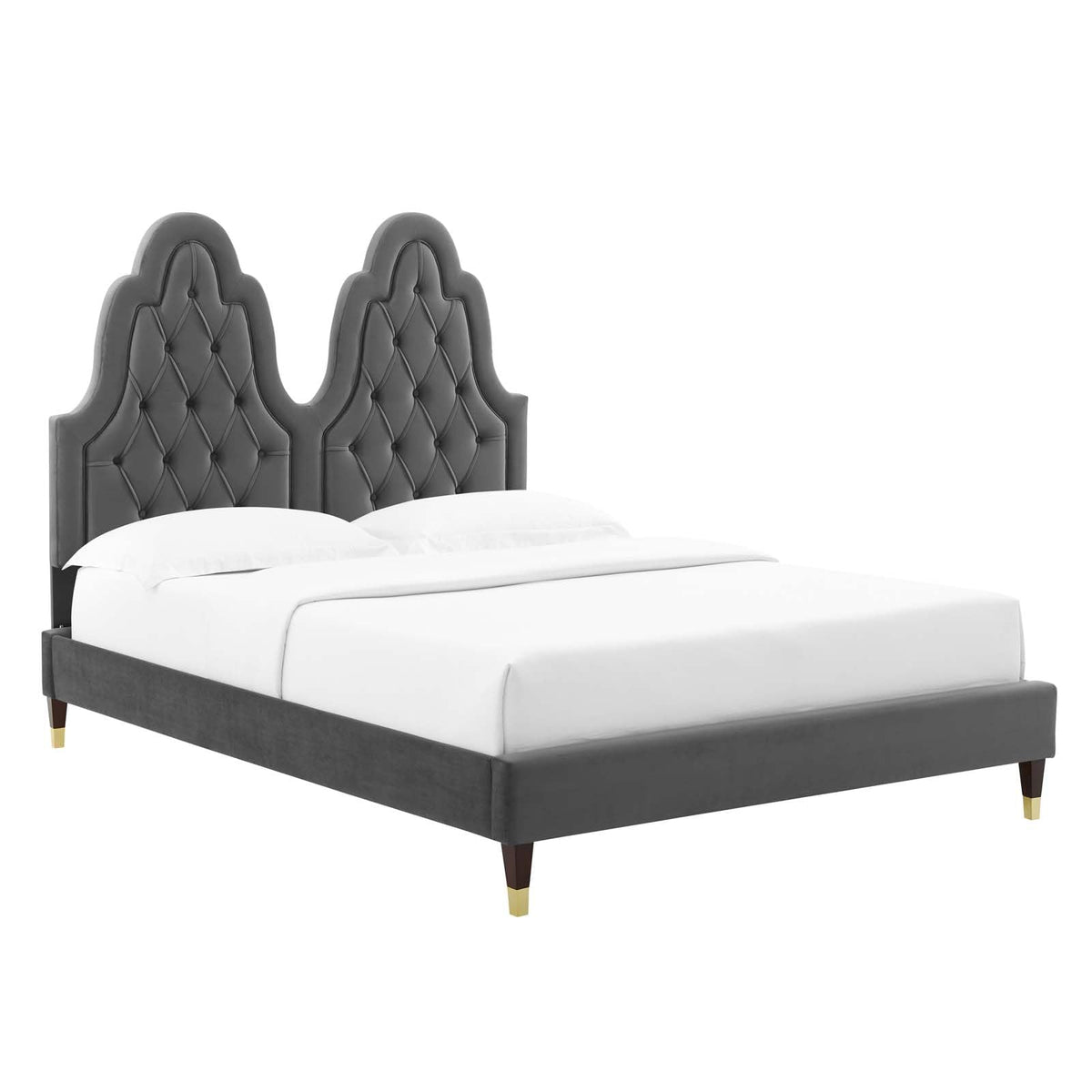 Modway Alexandria Tufted Performance Velvet Platform Bed with Wood and Gold Legs, Twin, Charcoal