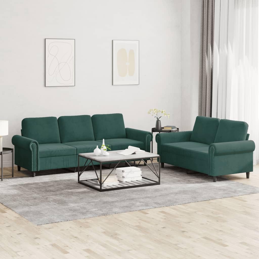 vidaXL 2 Piece Dark Green Velvet Sofa Set with Cushions - Modern Multi-Seater Couches for Living Room, Lounge, Office?
