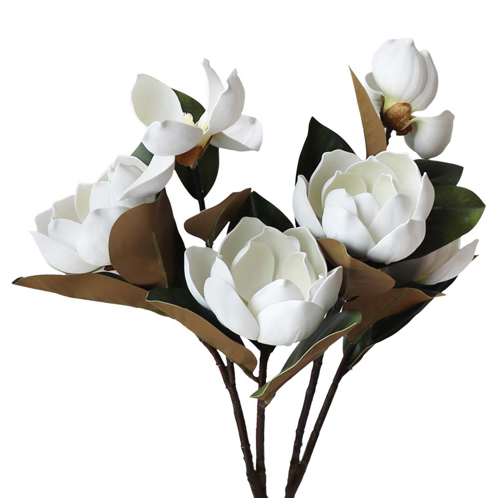 LIUCOGXI Vintage Artificial Magnolia Flower White 6 Heads,Long Stem Magnolia Bouquet with Green Leaves Arrangement for Home Offi