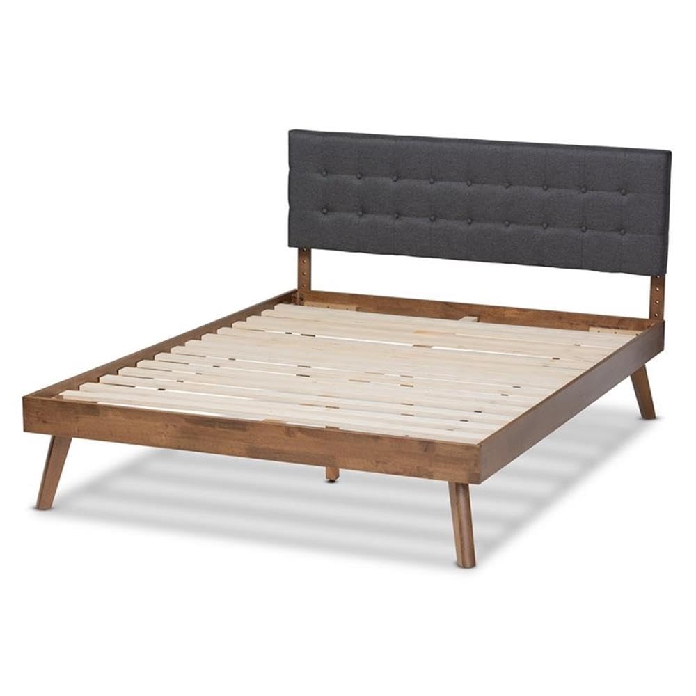 Baxton Studio Devan Mid-Century Modern Dark Grey Fabric Upholstered Walnut Brown Finished Wood Queen Size Platform Bed