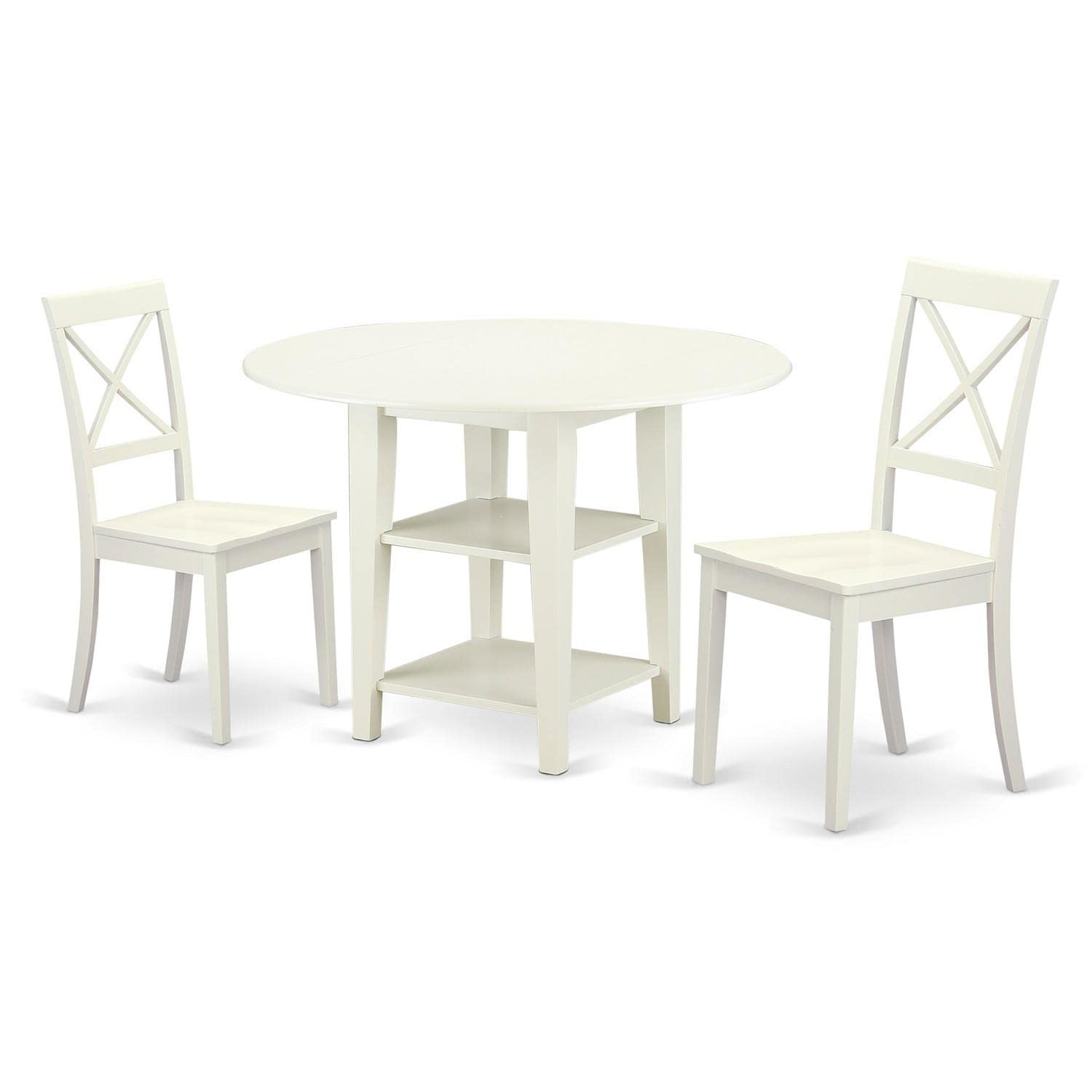 East West Furniture Subo3-Lwh-W 3 Piece Dining Room Table Set Contains A Round Kitchen Table With Dropleaf & Shelves And 2 Dining Chairs, 42X42 Inch, Linen White