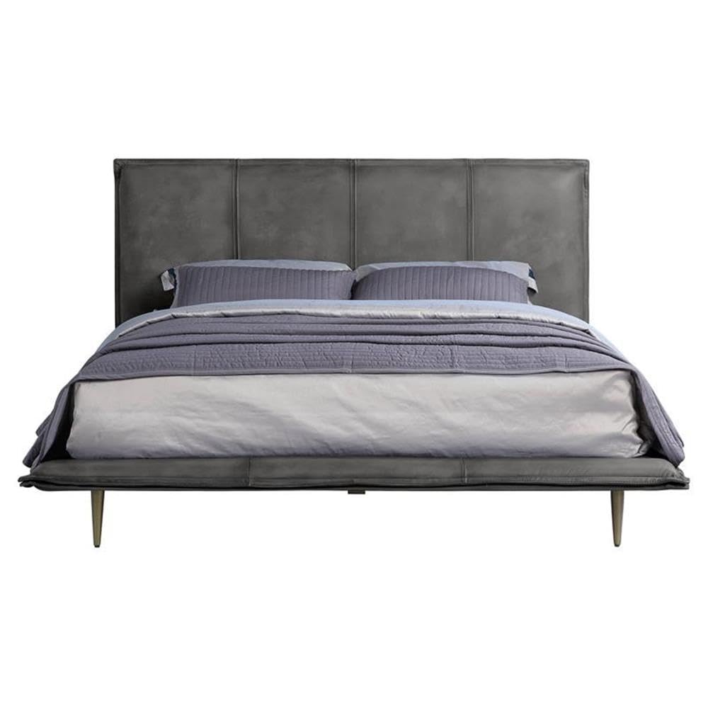 Acme Metis Top Grain Leather Upholstered Eastern King Bed in Gray