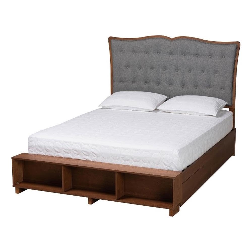 Baxton Studio Irena Classic Transitional Grey Fabric and Walnut Brown Finished Wood Queen Size Platform Storage Bed