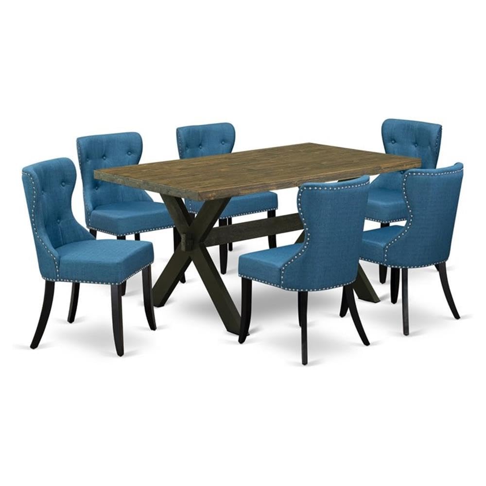 East West Furniture X676Si121-7 7 Piece Dining Room Furniture Set Consist Of A Rectangle Dining Table With X-Legs And 6 Blue Linen Fabric Upholstered Chairs, 36X60 Inch, Multi-Color