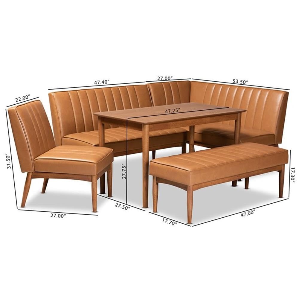 Baxton Studio Daymond Mid-Century Modern Tan Faux Leather Upholstered and Walnut Brown Finished Wood 5-Piece Dining Nook Set