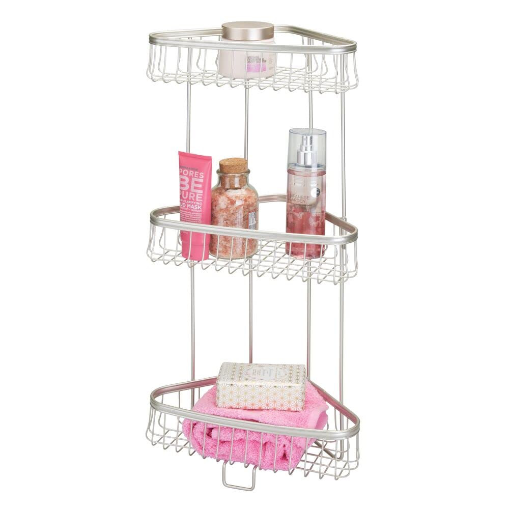mDesign Metal 3-Tier Bathroom Corner Shower Shelf - Free Standing Vertical Unit Storage Shelves - for Organizing Soaps, Shampoos