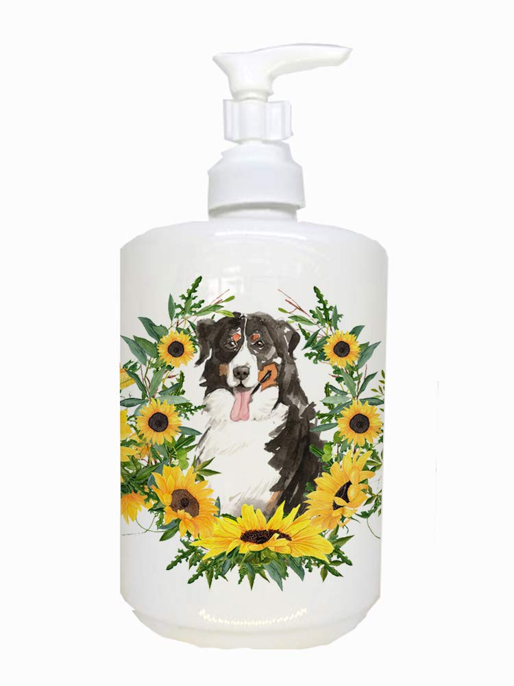 Caroline's Treasures CK2987SOAP Bernese Mountain Dog in Sunflowers Ceramic Soap Dispenser Hand Soap Dispenser Pump Bottles for B