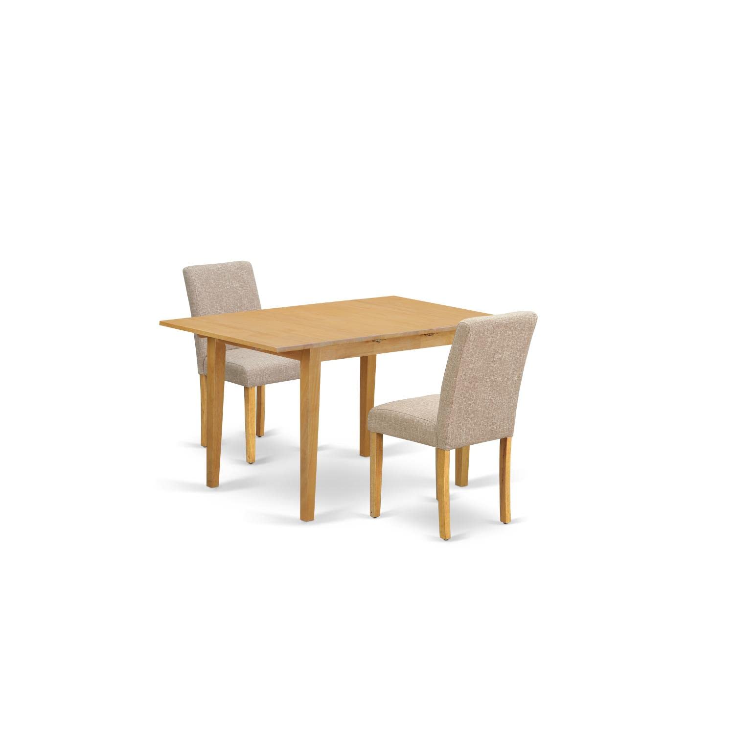 East West Furniture Noab3-Oak-04 3 Piece Kitchen Table Set Contains A Rectangle Dining Table With Butterfly Leaf And 2 Light Tan Linen Fabric Upholstered Chairs, 32X54 Inch, Oak