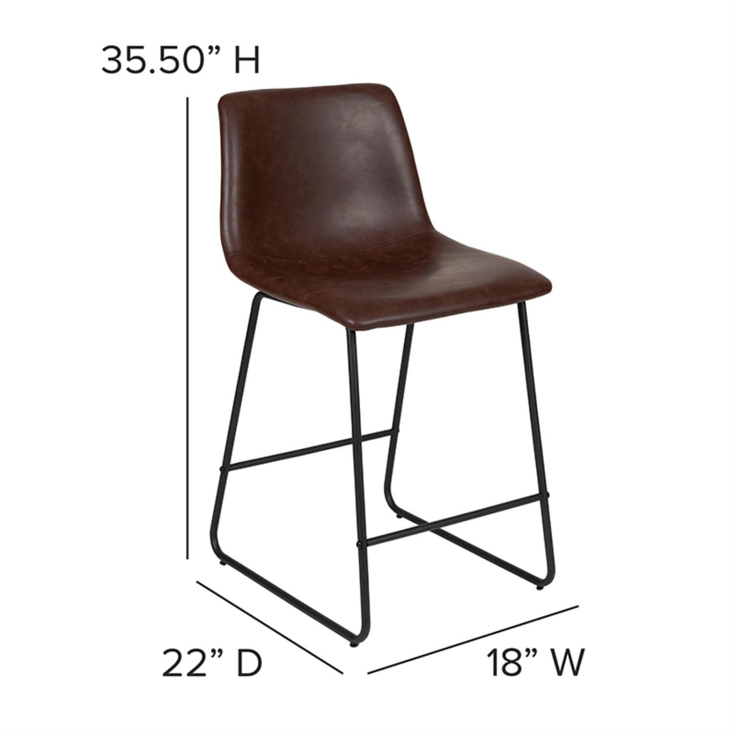 Flash Furniture Reagan 24&quot; LeatherSoft Counter Height Stools with Footrest, Mid-Century Modern Bucket Style Dining Chairs, Set of 2, Dark Brown