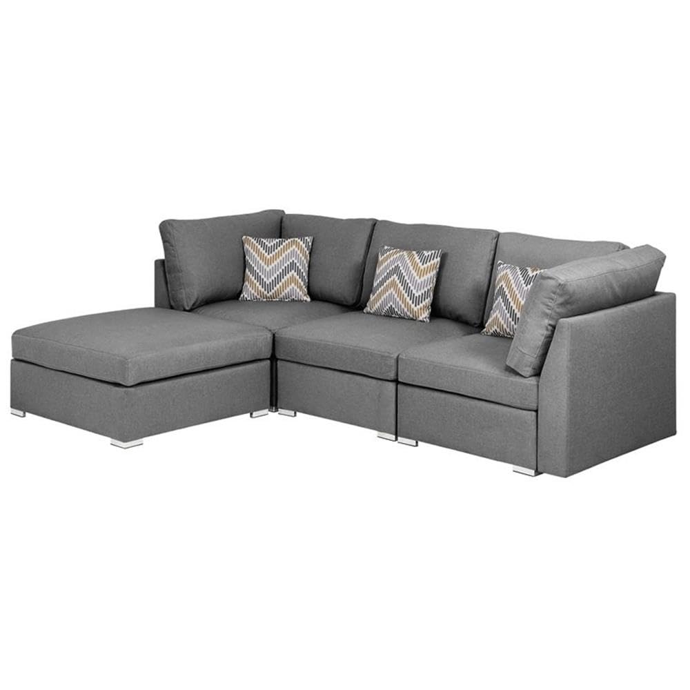 Lilola Home Amira Gray Fabric Sofa with Ottoman and Pillows