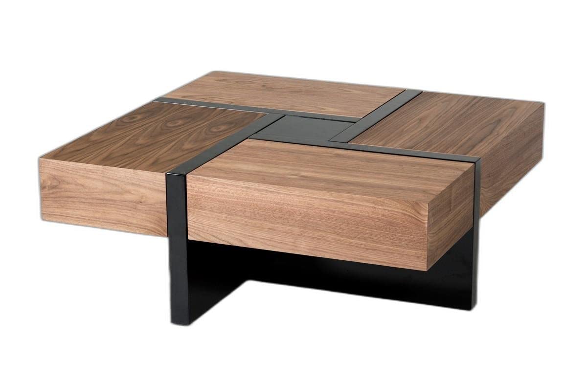 HomeRoots Walnut, Black Veneer, MDF, Metal Modern Walnut and Black Square Coffee Table with Storage