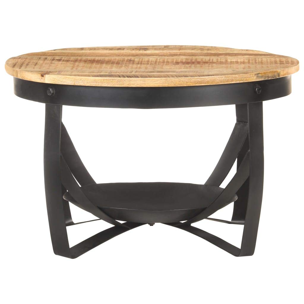 vidaXL Rough Mango Wood Coffee Table - Industrial-Style Round Side Table with Black Iron Base, Handmade for Living Room and Lounge
