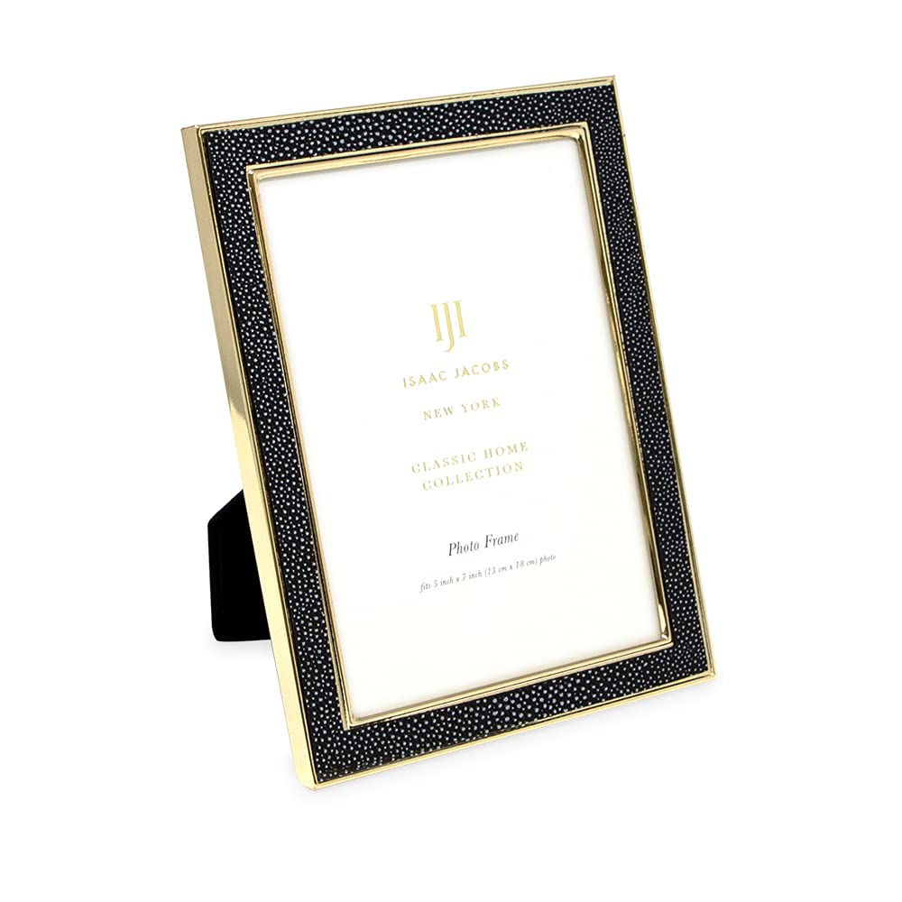 Isaac Jacobs 5x7 Black Leather with Gold Metal (Vertical & Horizontal) Picture Frame, Shagreen Border w/Black Fabric Easel, Wall