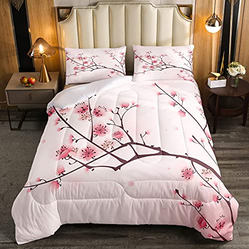 Erosebridal Cherry Blossoms Comforter Set Twin, Girl Pink Floral Down Comforter, Japanese Spring Bedding Set, Pale Pink Blossom