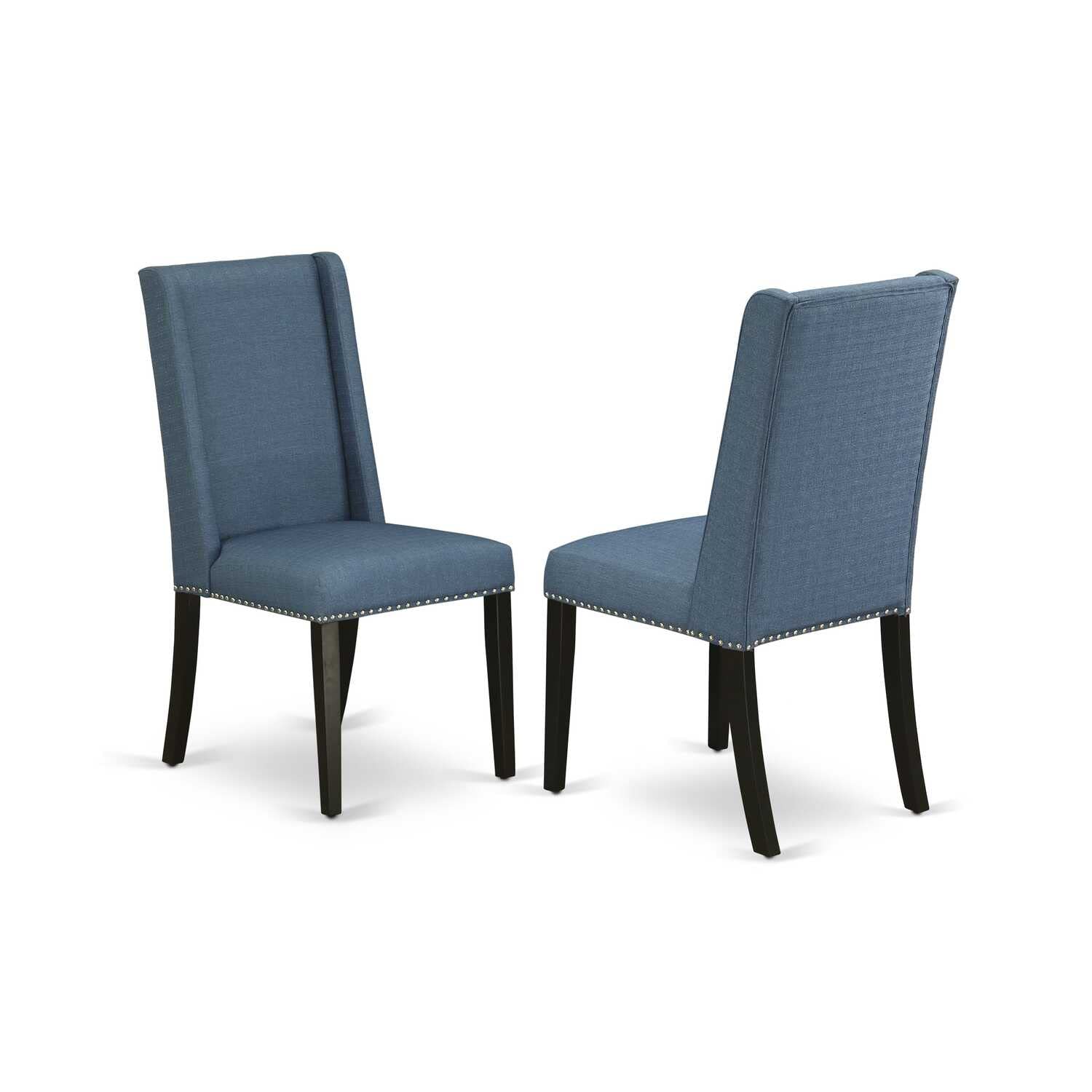 East West Furniture Amfl3-Bch-21 3 Piece Modern Dining Table Set Contains A Round Kitchen Table With Pedestal And 2 Blue Linen Fabric Upholstered Parson Chairs, 36X36 Inch, Black & Cherry
