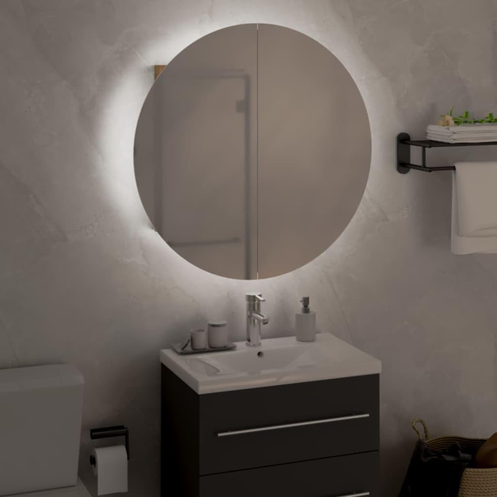 vidaXL Oak Bathroom Cabinet with Round Mirror and LED String, Wall-mounted Design, Large Compartments for Storage, Easy to Clean, 18.5&quot;x18.5&quot;x6.9&quot;