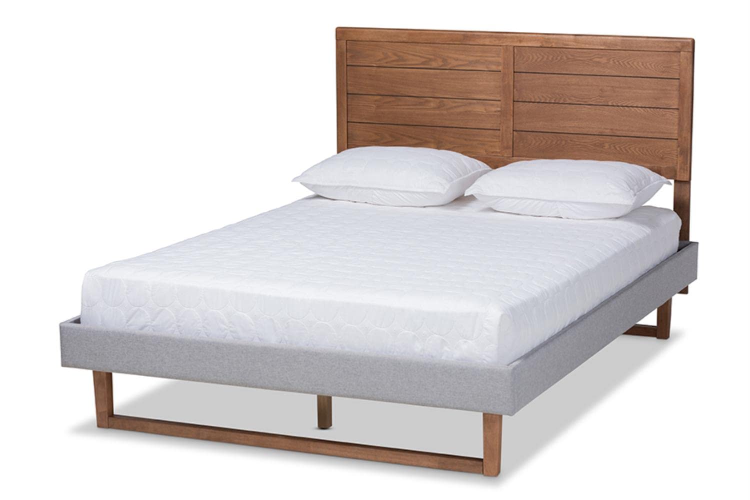 Baxton Studio Claudia Rustic Modern Light Grey Fabric Upholstered and Walnut Brown Finished Wood King Size Platform Bed