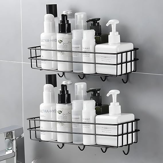 Tutihom Self Adhesive Bathroom Organiser, 4 Hooks For Towel Holder, SpaceSaving Wall Mounted Bathroom Shelf With Elegant Desig
