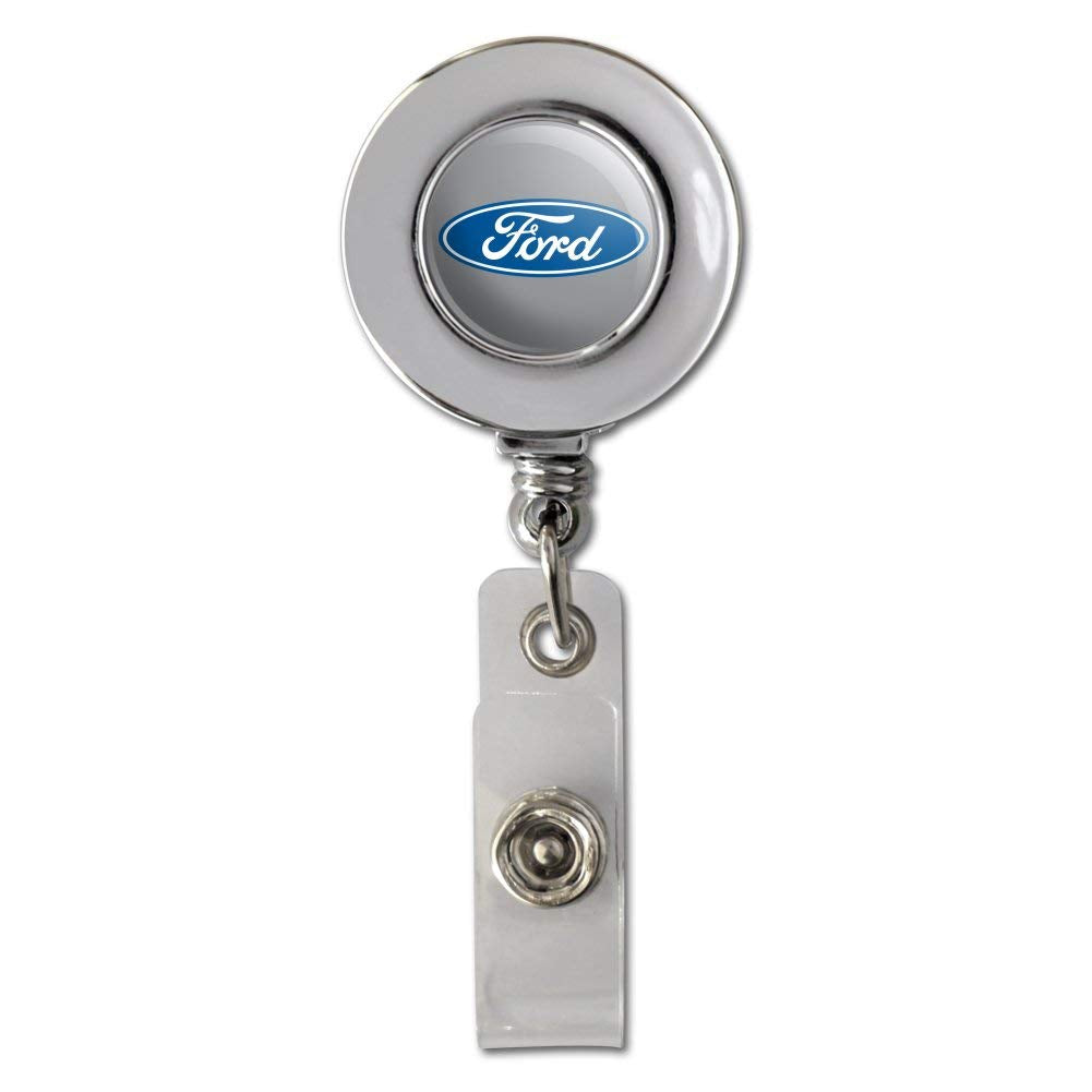 Ford Motor Company Blue Oval Logo Retractable Reel Chrome Badge Id Card Holder Clip