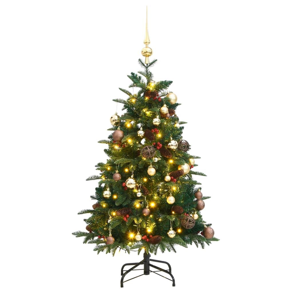 vidaXL Artificial Hinged Christmas Tree with 150 LEDs and Ball Set - Green Gold Tree with Realistic PE Tips, Iron Stand, and Festive Decorations