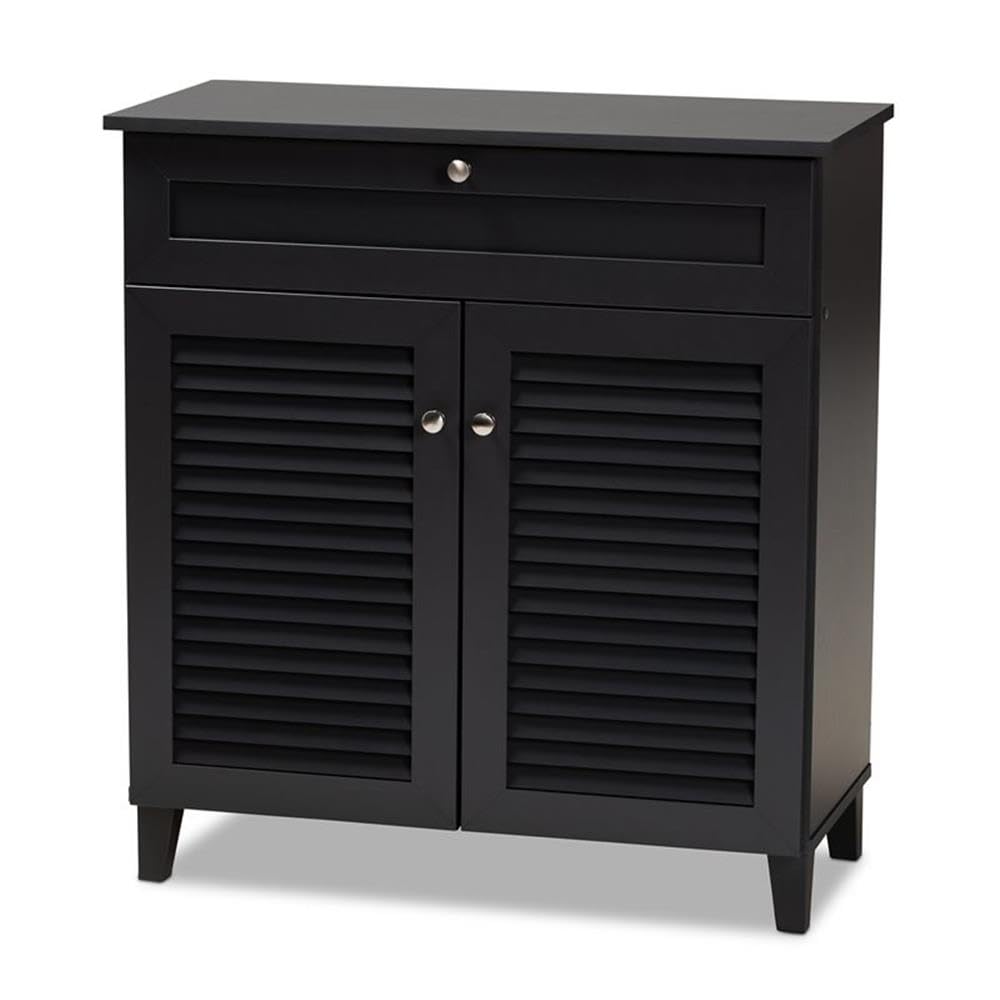 Baxton Studio Coolidge Modern and Contemporary Dark Grey Finished 4-Shelf Wood Shoe Storage Cabinet with Drawer