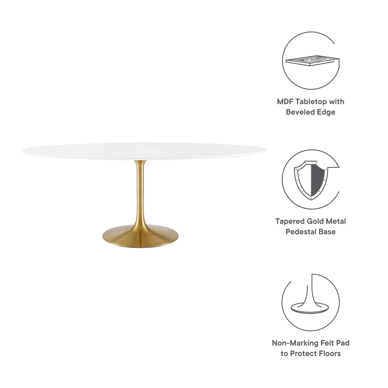 Modway Lippa 78&quot; Oval-Shaped Mid-Century Modern Dining Table With White Wood Top And Gold Base
