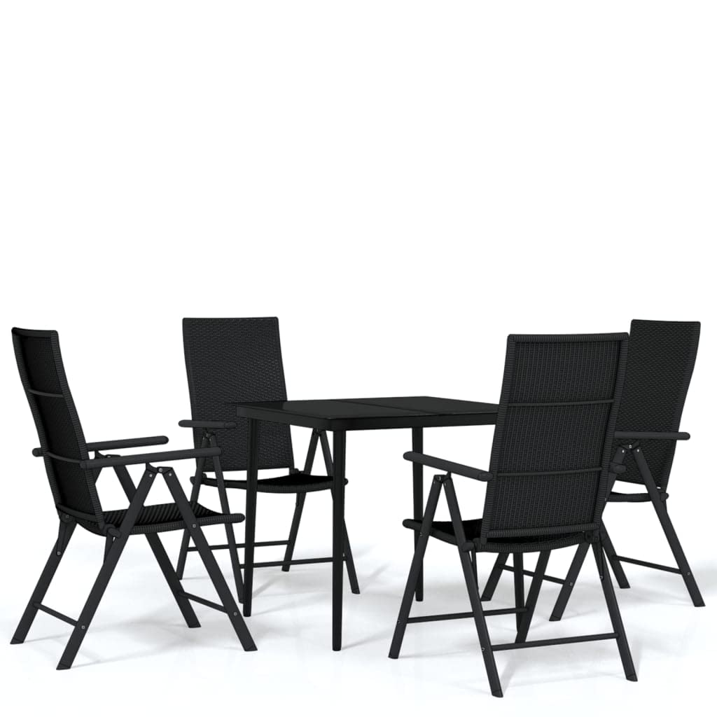 vidaXL 5-Piece Patio Dining Set - Outdoor Furniture with Powder-Coated Steel Table, Glass Tabletop, PE Rattan Chairs, Adjustable Backrests, Folding Design– Black