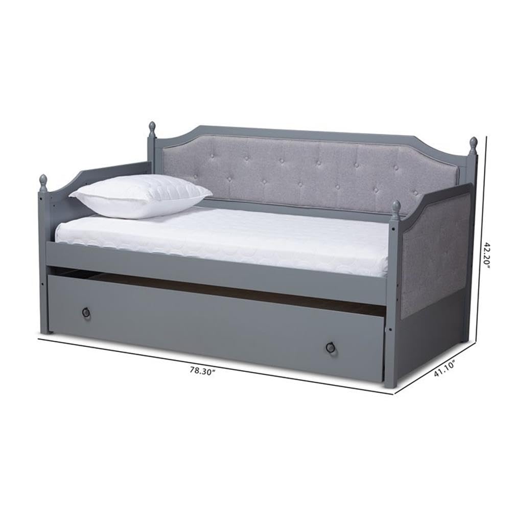 Baxton Studio Mara Classic and Traditional Grey Fabric Upholstered Grey Finished Wood Twin Size Daybed with Trundle