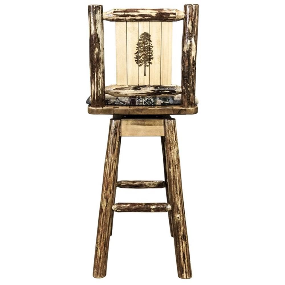 Montana Woodworks Glacier Country Collection Counter Height Barstool with Back & Swivel, Upholstered Seat, Woodland Pattern with Laser Engraved Pine Tree Design, Stained & Lacquered
